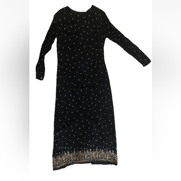 Indies Black & Gold Size 3 Maxi Dress Boho Chic Sheer Long Sleeves Slit In Back - Picture 1 of 8